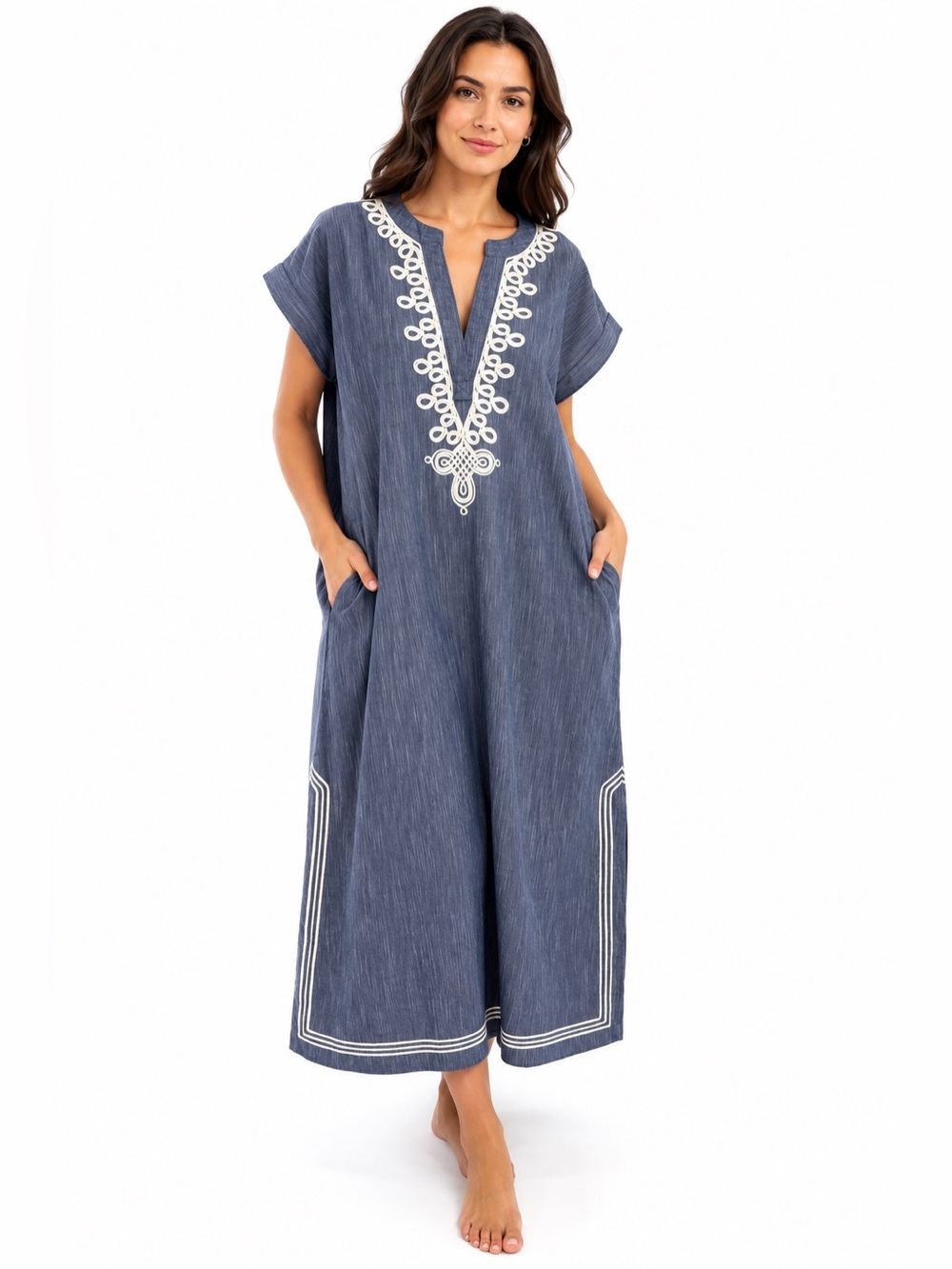 Kate Landry Embroidered Trim Woven Chambray Caftan dress